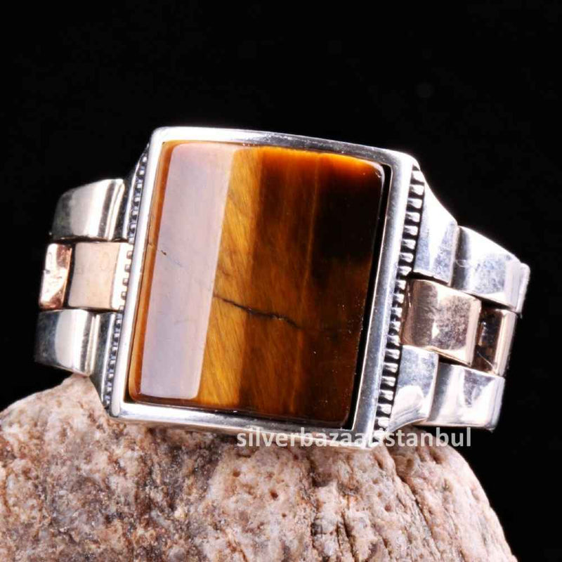 Tigers Eye Stone Jewelry Clock 925 Sterling Silver Men Ring silverbazaaristanbul 
