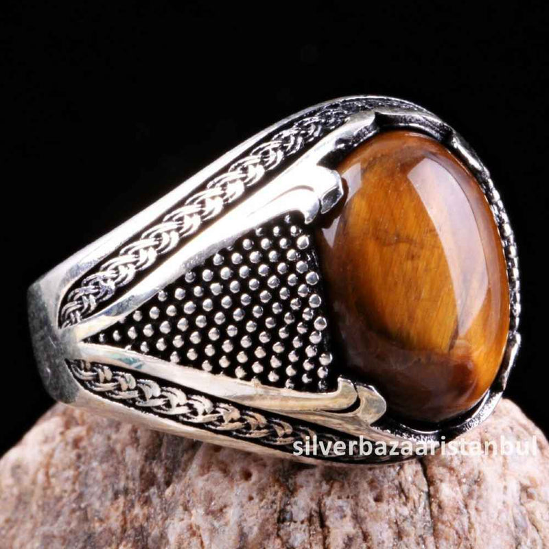 Tigers Eye Stone Jewelry Solid 925 Sterling Silver Men Ring silverbazaaristanbul 