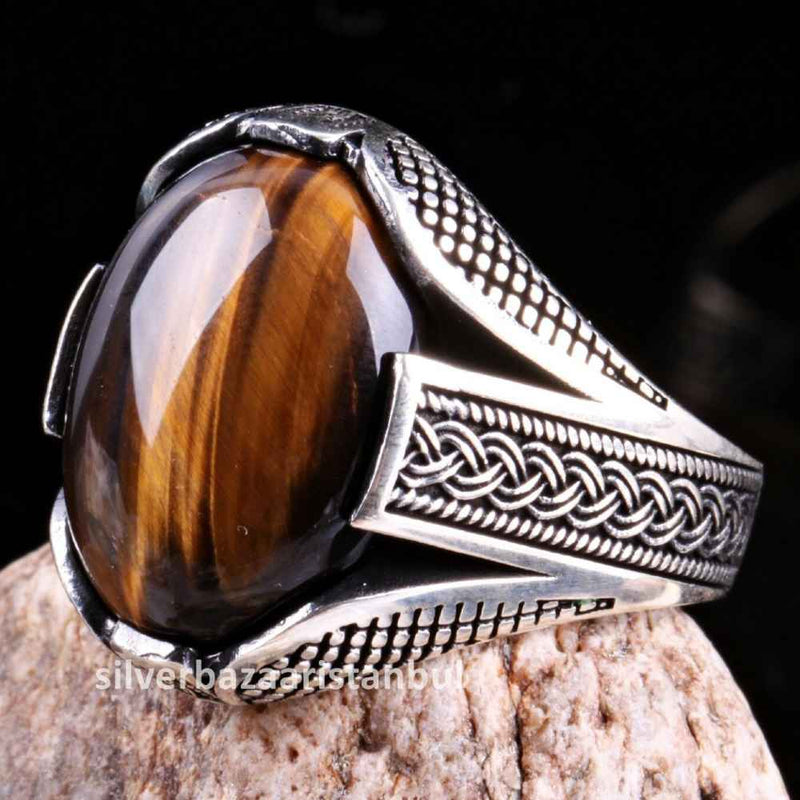 Tigers Eye Stone Jewelry Solid 925 Sterling Silver Men Ring silverbazaaristanbul 