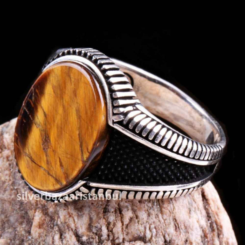 Tigers Eye Stone Jewelry Solid 925 Sterling Silver Men Ring silverbazaaristanbul 