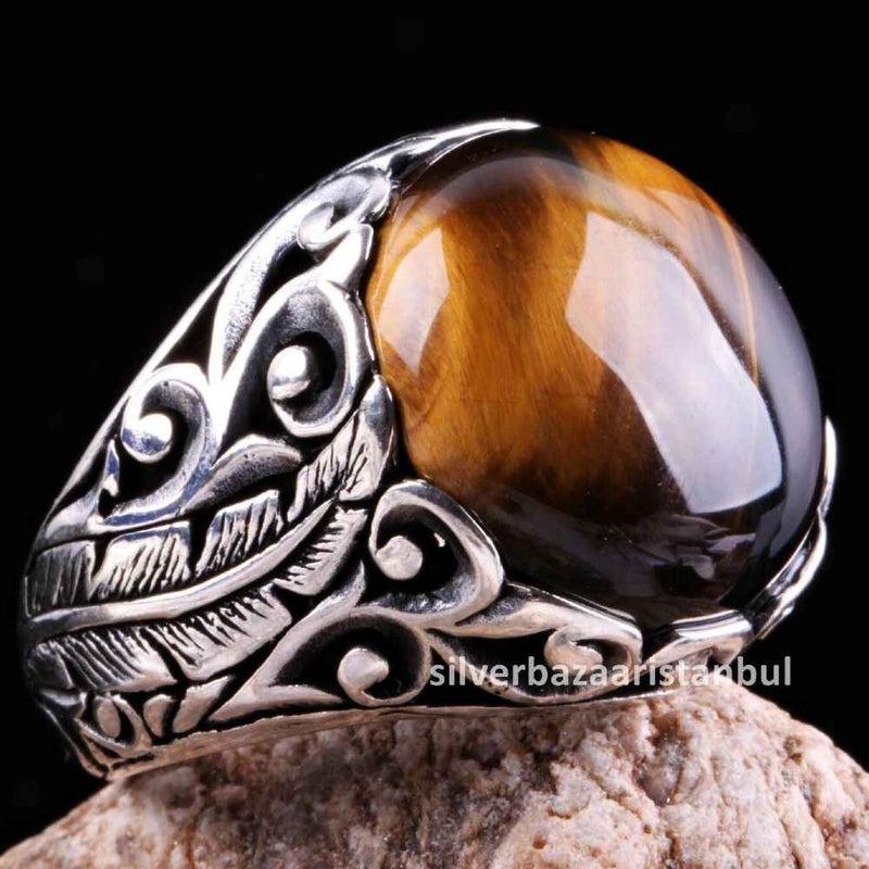 Tigers Eye Stone Jewelry Solid 925 Sterling Silver Men Ring silverbazaaristanbul 