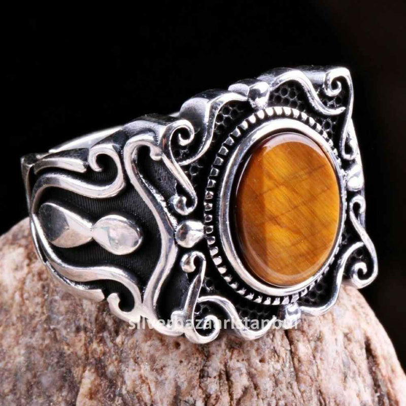 Tigers Eye Stone Jewelry Solid 925 Sterling Silver Men Ring silverbazaaristanbul 