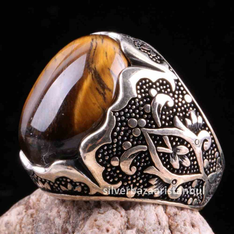 Tigers Eye Stone Jewelry Solid 925 Sterling Silver Men Ring silverbazaaristanbul 