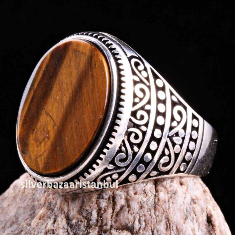 Tigers Eye Stone Jewelry Solid 925 Sterling Silver Men Ring silverbazaaristanbul 