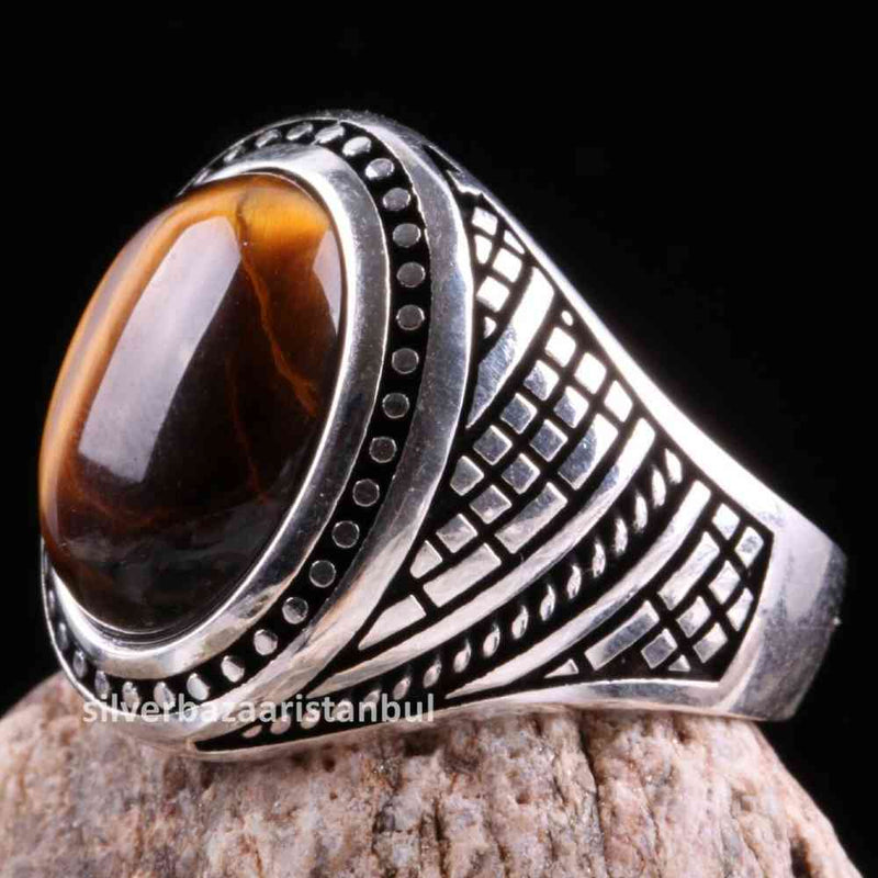 Tigers Eye Stone Jewelry Solid 925 Sterling Silver Men Ring silverbazaaristanbul 