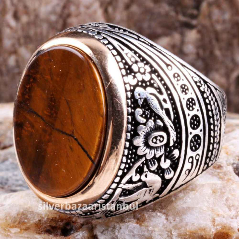 Tigers Eye Stone Jewelry Solid 925 Sterling Silver Men Ring silverbazaaristanbul 