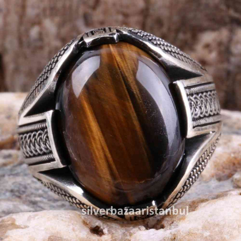 Tigers Eye Stone Jewelry Solid 925 Sterling Silver Men Ring silverbazaaristanbul 