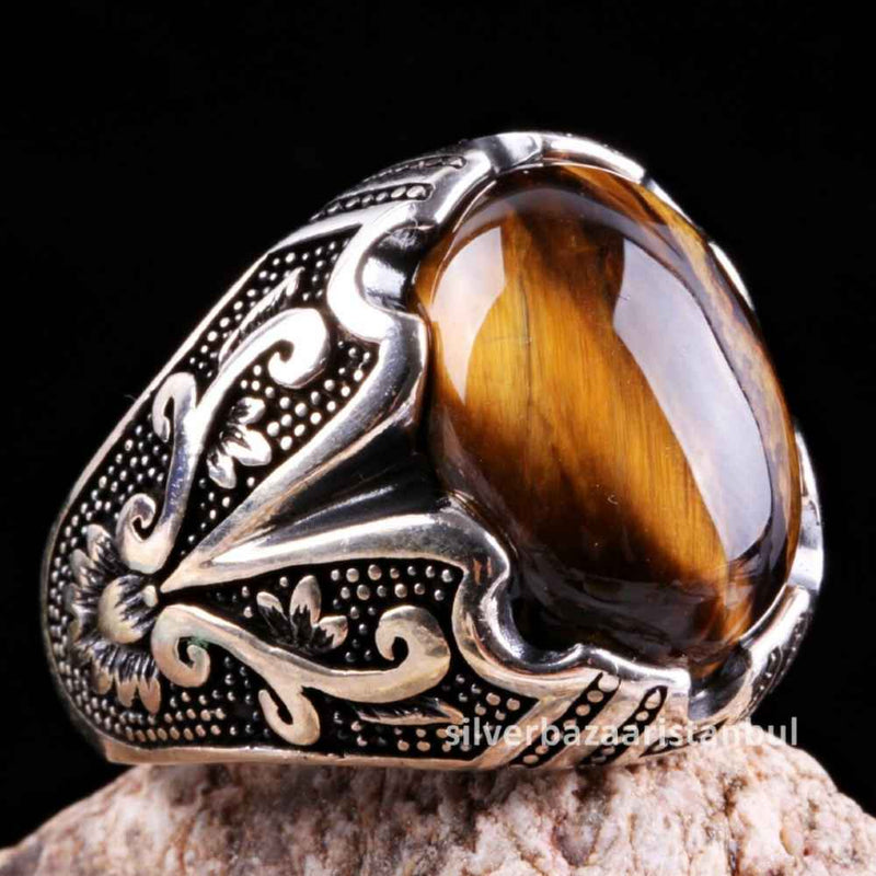 Tigers Eye Stone Jewelry Solid 925 Sterling Silver Men Ring silverbazaaristanbul 