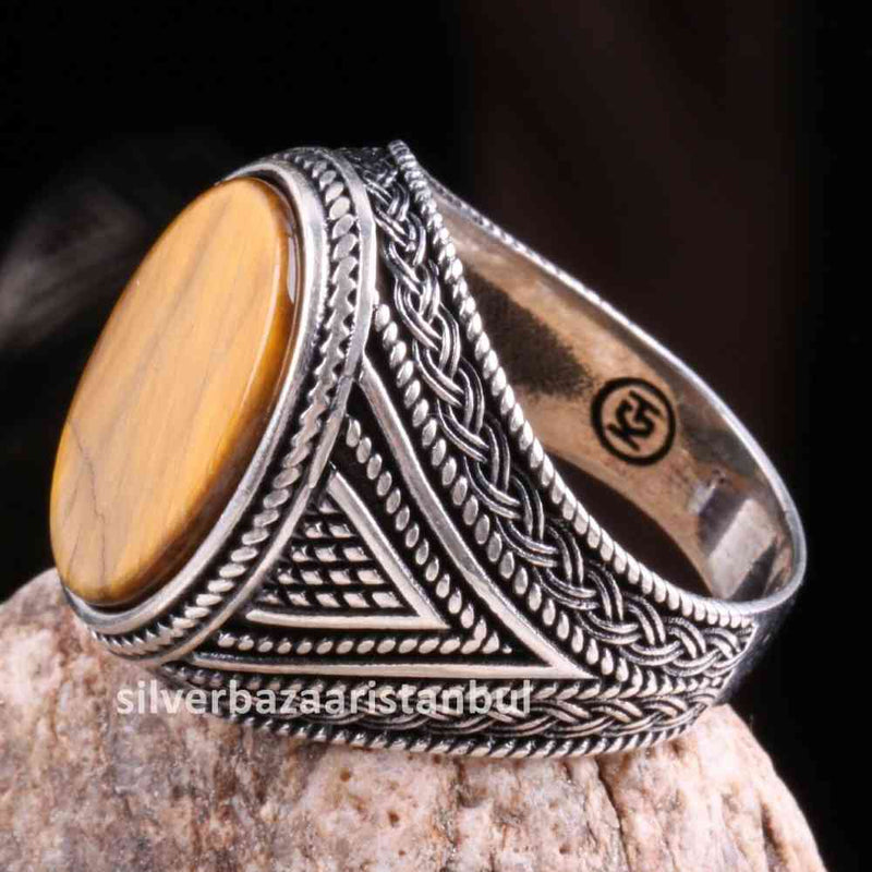 Tigers Eye Stone Jewelry Solid 925 Sterling Silver Men Ring silverbazaaristanbul 