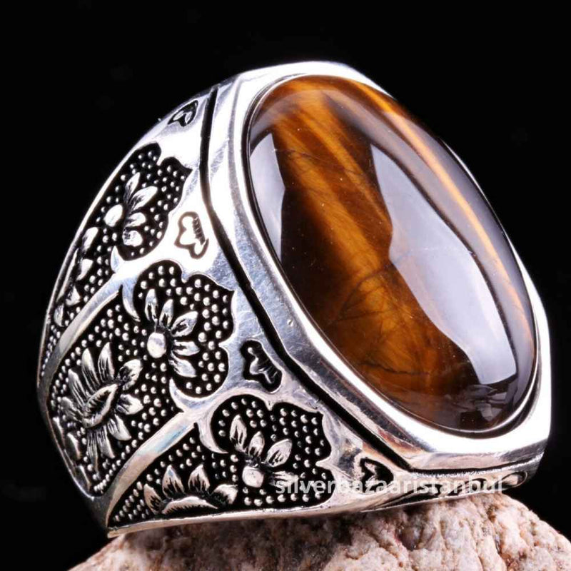 Tigers Eye Stone Jewelry Solid 925 Sterling Silver Men Ring silverbazaaristanbul 
