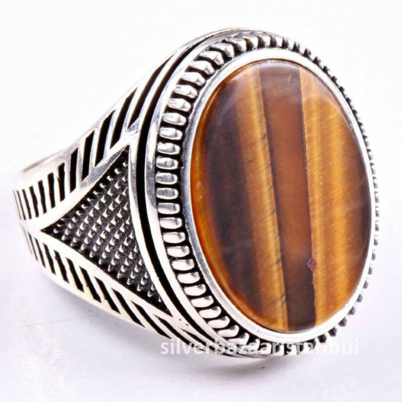 Tigers Eye Stone Jewelry Solid 925 Sterling Silver Men Ring silverbazaaristanbul 