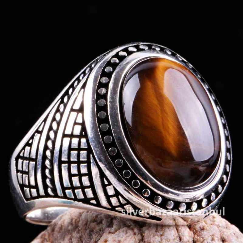 Tigers Eye Stone Jewelry Solid 925 Sterling Silver Men Ring silverbazaaristanbul 