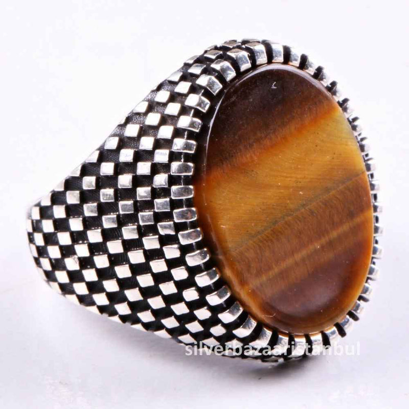 Tigers Eye Stone Jewelry Solid 925 Sterling Silver Men Ring silverbazaaristanbul 