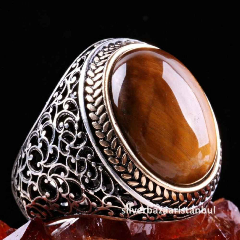 Tigers Eye Stone Jewelry Solid 925 Sterling Silver Men Ring silverbazaaristanbul 