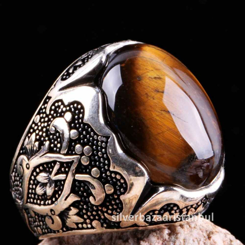 Tigers Eye Stone Jewelry Solid 925 Sterling Silver Men Ring silverbazaaristanbul 