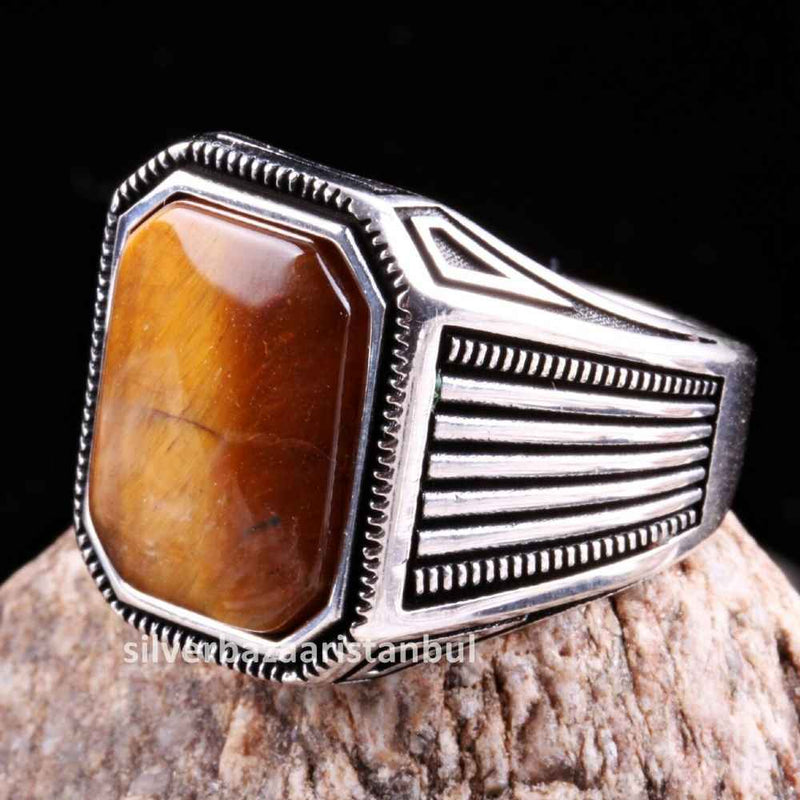 Tigers Eye Stone Jewelry Solid 925 Sterling Silver Men Ring silverbazaaristanbul 