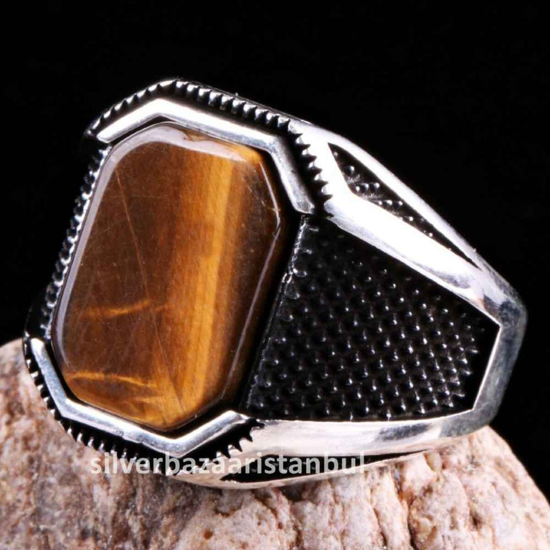Tigers Eye Stone Jewelry Solid 925 Sterling Silver Men Ring silverbazaaristanbul 