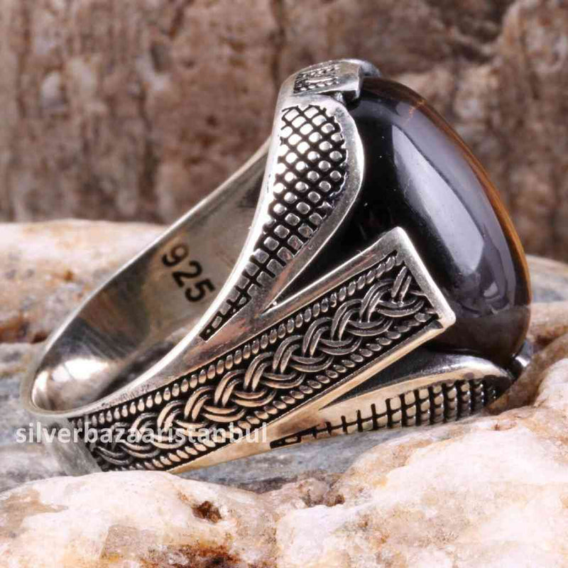 Tigers Eye Stone Jewelry Solid 925 Sterling Silver Men Ring silverbazaaristanbul 