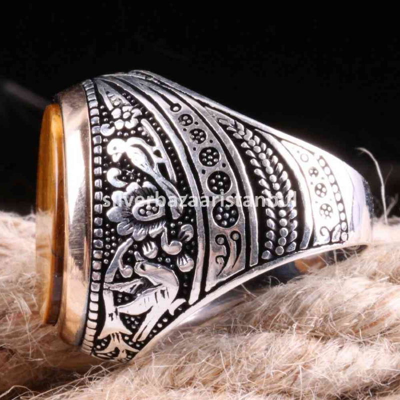 Tigers Eye Stone Jewelry Solid 925 Sterling Silver Men Ring silverbazaaristanbul 