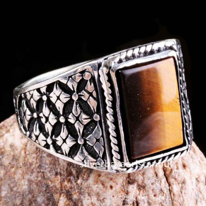 Tigers Eye Stone Jewelry Solid 925 Sterling Silver Men Ring silverbazaaristanbul 