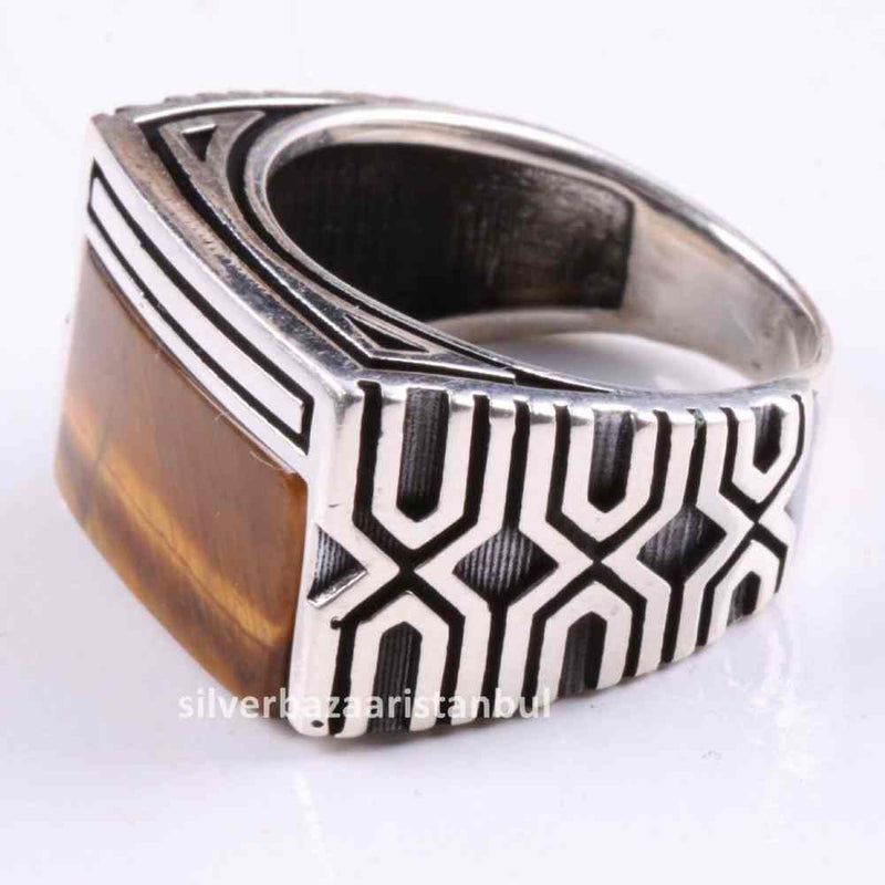 Tigers Eye Stone Jewelry Solid 925 Sterling Silver Men Ring silverbazaaristanbul 