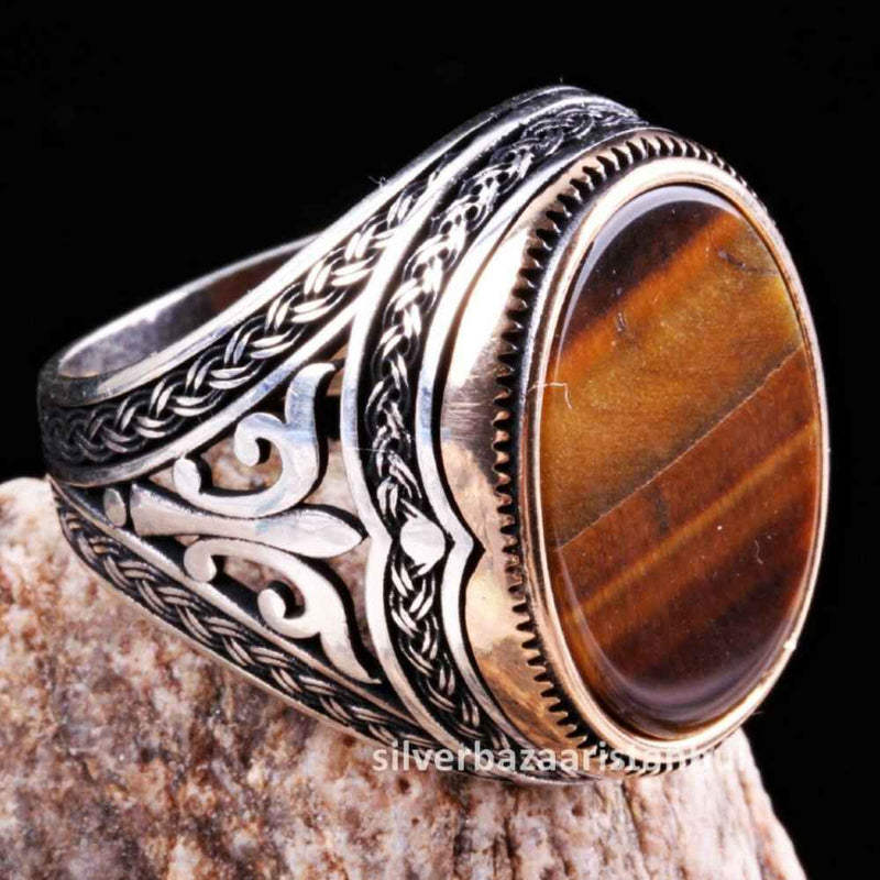 Tigers Eye Stone Jewelry Solid 925 Sterling Silver Men Ring silverbazaaristanbul 
