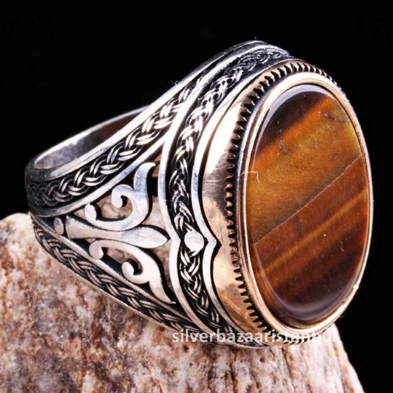Tigers Eye Stone Jewelry Solid 925 Sterling Silver Men Ring silverbazaaristanbul 