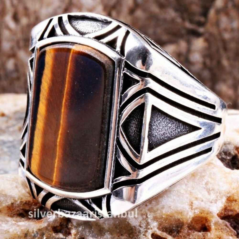 Tigers Eye Stone Jewelry Solid 925 Sterling Silver Men Ring silverbazaaristanbul 