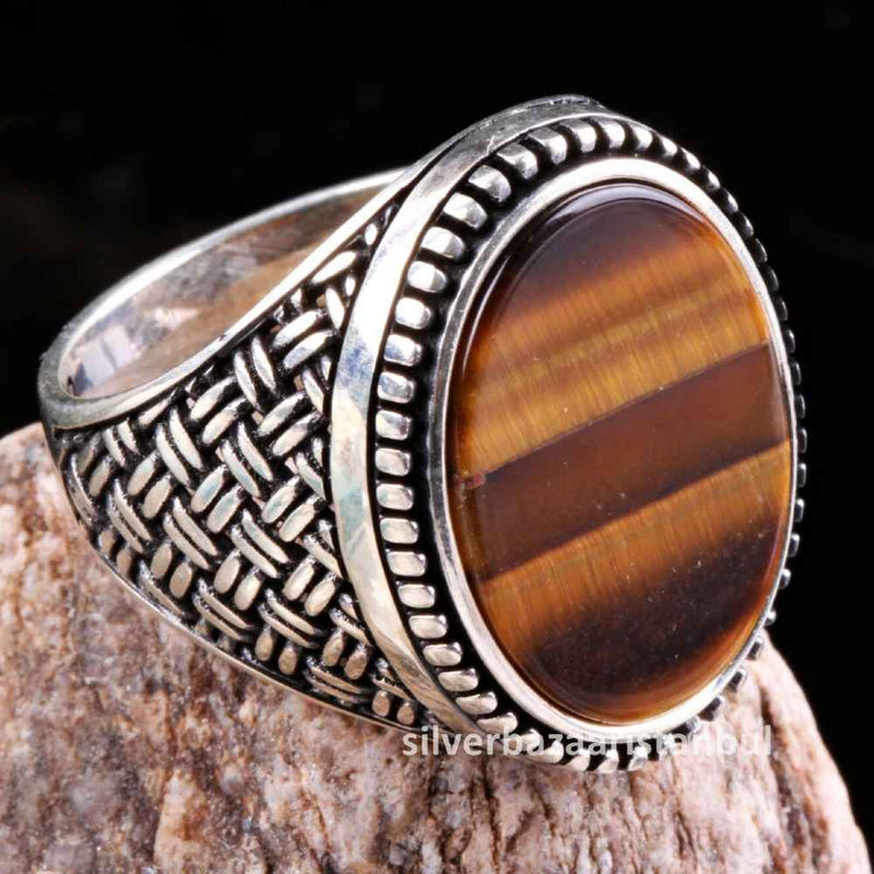 Tigers Eye Stone Jewelry Solid 925 Sterling Silver Men Ring silverbazaaristanbul 