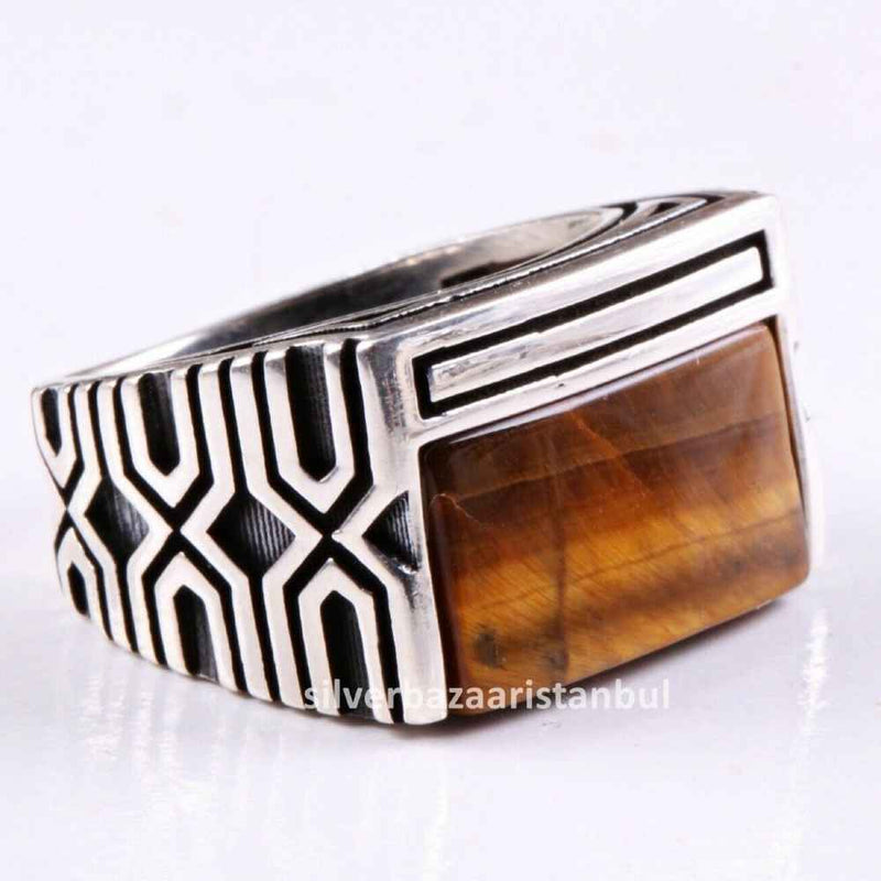 Tigers Eye Stone Jewelry Solid 925 Sterling Silver Men Ring silverbazaaristanbul 