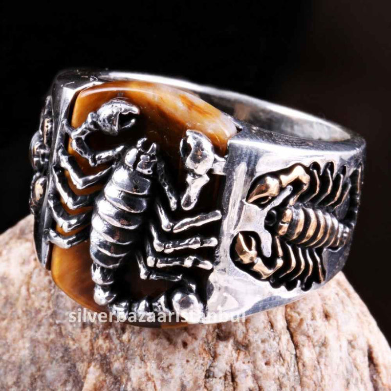 Tigers Eye Stone Scorpıon Solid 925 Sterling Silver Men Ring silverbazaaristanbul 
