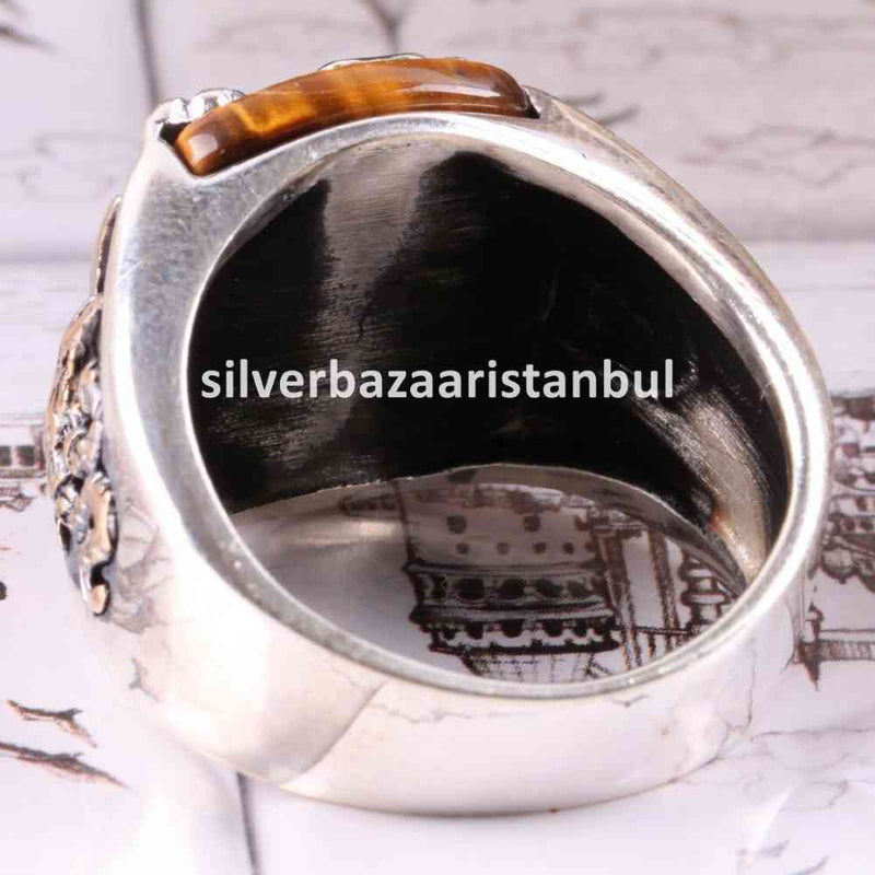 Tigers Eye Stone Turkish Handmade Eagle 925 Sterling Silver Men Ring silverbazaaristanbul 