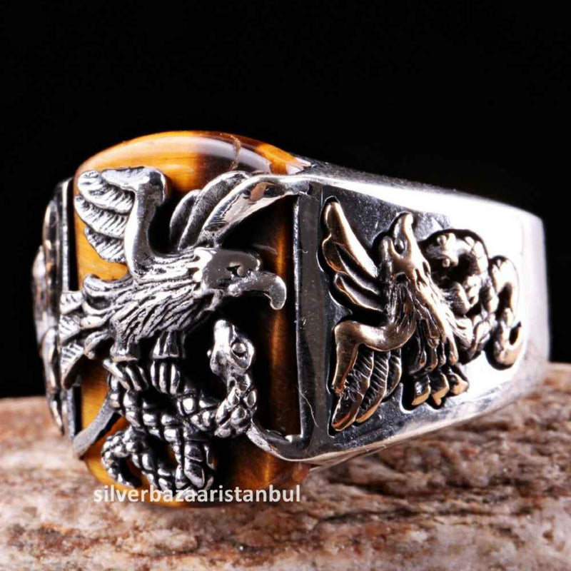 Tigers Eye Stone Turkish Handmade Eagle 925 Sterling Silver Men Ring silverbazaaristanbul 