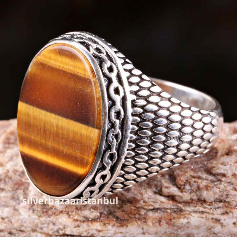 Tigers Eye Stone Turkish Handmade Solid 925 Sterling Silver Men Ring silverbazaaristanbul 