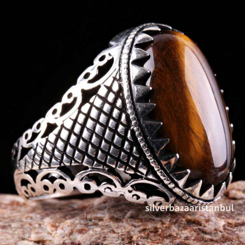 Tigers Eye Stone Turkish Handmade Solid 925 Sterling Silver Men Ring silverbazaaristanbul 