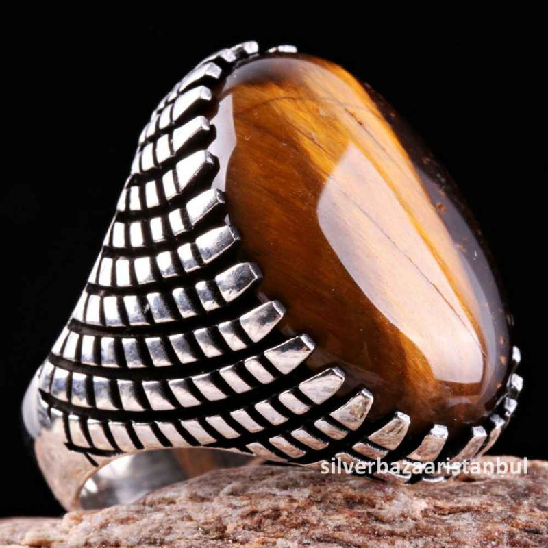 Tigers Eye Stone Turkish Handmade Solid 925 Sterling Silver Men Ring silverbazaaristanbul 