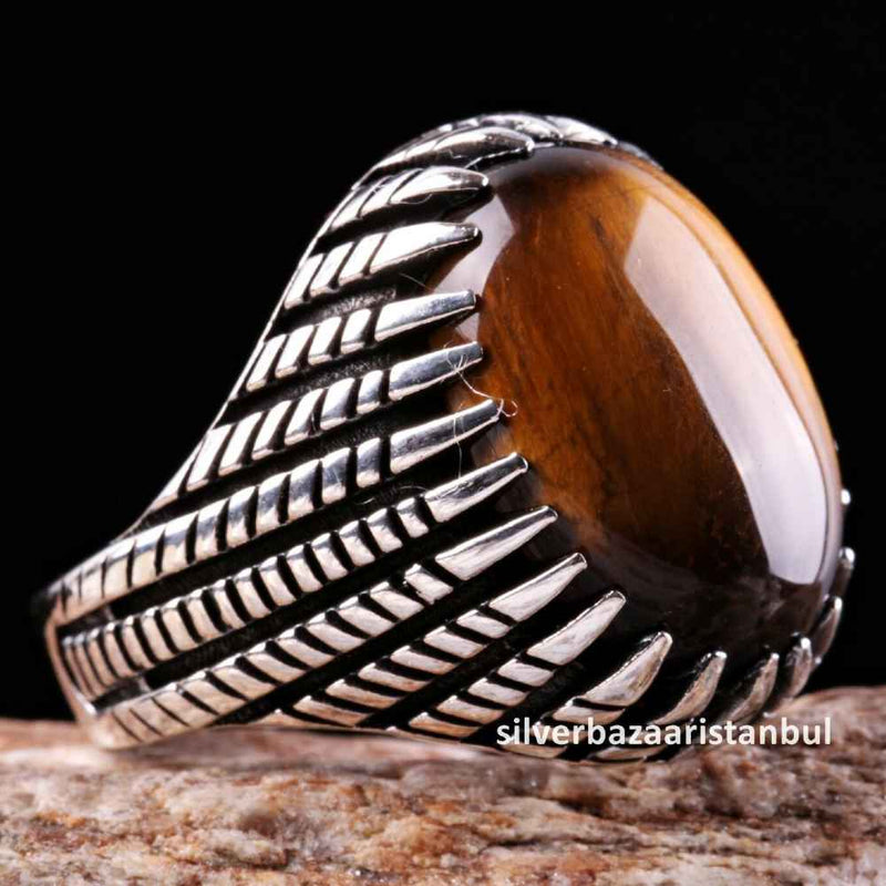 Tigers Eye Stone Turkish Handmade Solid 925 Sterling Silver Men Ring silverbazaaristanbul 