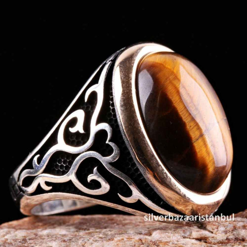 Tigers Eye Stone Turkish Handmade Solid 925 Sterling Silver Men Ring silverbazaaristanbul 