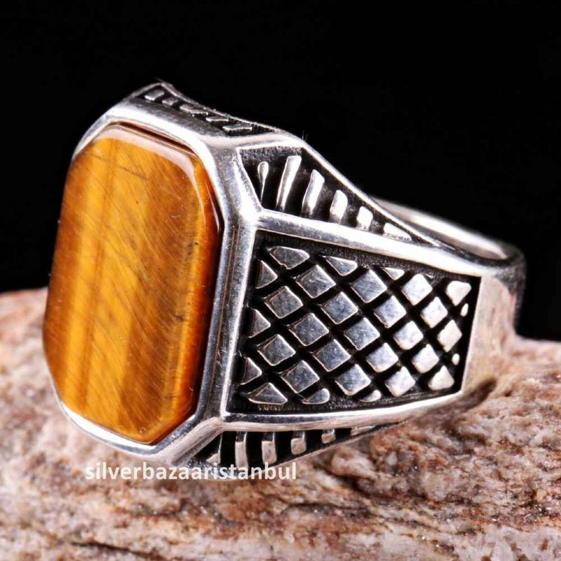 Tigers Eye Stone Turkish Handmade Solid 925 Sterling Silver Men Ring silverbazaaristanbul 