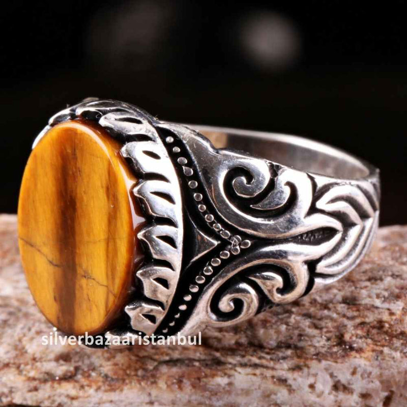 Tigers Eye Stone Turkish Handmade Solid 925 Sterling Silver Men Ring silverbazaaristanbul 