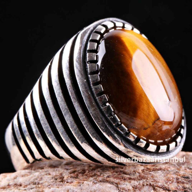 Tigers Eye Stone Turkish Handmade Solid 925 Sterling Silver Men Ring silverbazaaristanbul 
