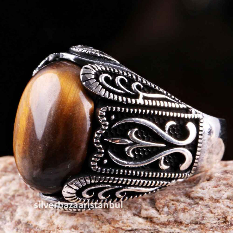 Tigers Eye Stone Turkish Handmade Solid 925 Sterling Silver Men Ring silverbazaaristanbul 