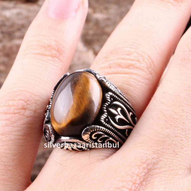 Tigers Eye Stone Turkish Handmade Solid 925 Sterling Silver Men Ring silverbazaaristanbul 