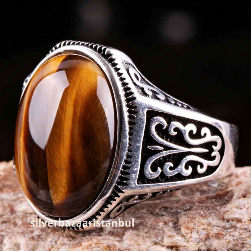Tigers Eye Stone Turkish Handmade Solid 925 Sterling Silver Men Ring silverbazaaristanbul 
