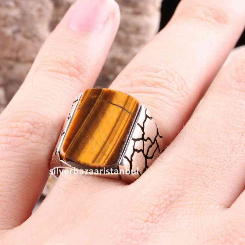 Tigers Eye Stone Turkish Handmade Solid 925 Sterling Silver Men Ring silverbazaaristanbul 