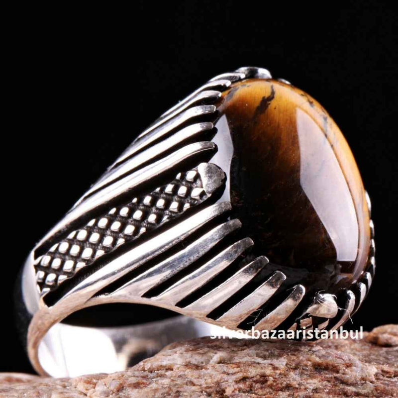 Tigers Eye Stone Turkish Handmade Solid 925 Sterling Silver Men Ring silverbazaaristanbul 