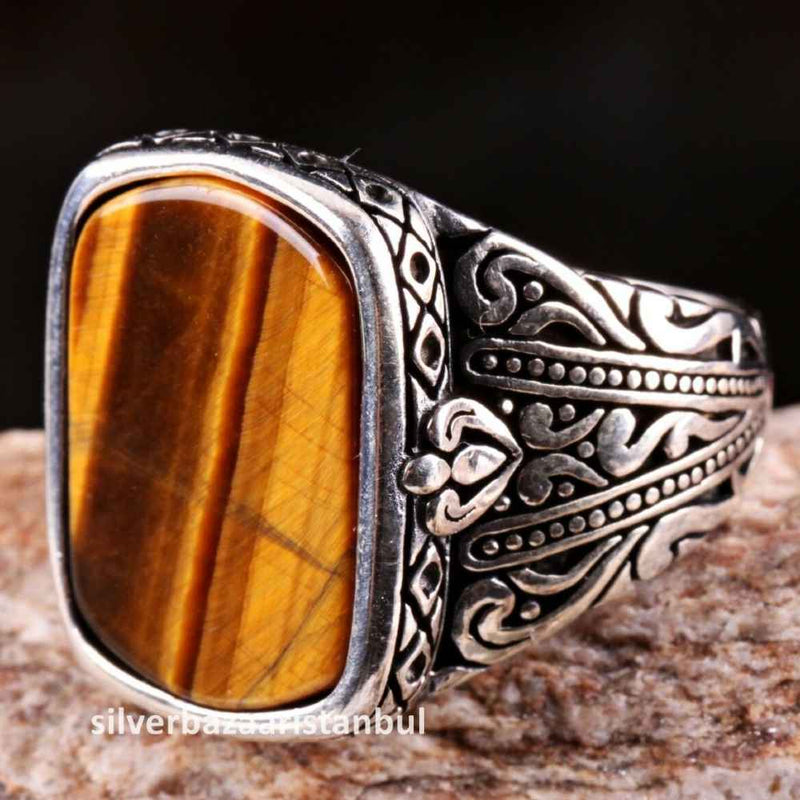 Tigers Eye Stone Turkish Handmade Solid 925 Sterling Silver Men Ring silverbazaaristanbul 