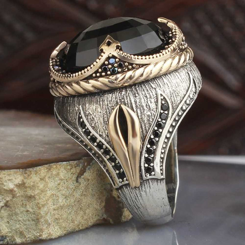 Tulip Design 925 Sterling Silver Onyx Stone Mens Ring silverbazaaristanbul 