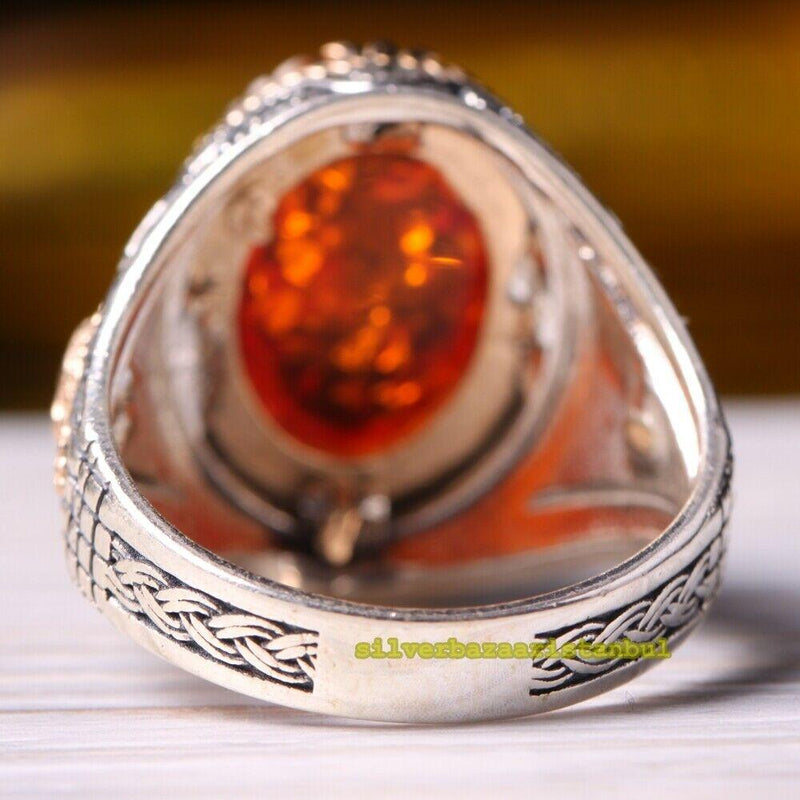 Turkish 925 Sterling Silver Amber and Marcasite Stone Mens Ring silverbazaaristanbul 