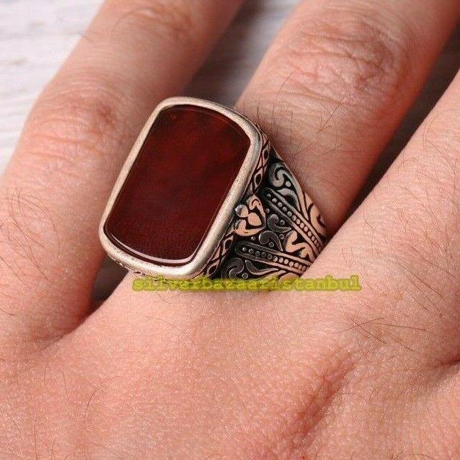 Turkish 925 Sterling Silver Authentic Agate Aqeeq Mens Ring silverbazaaristanbul 